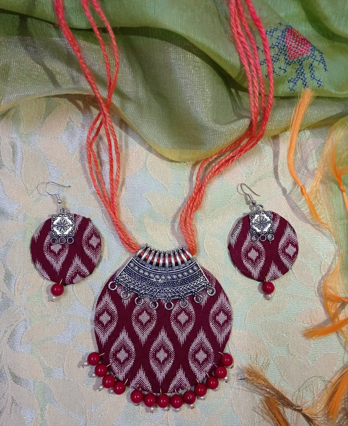 Fabric Maroon & Orange Necklace Set with Earrings