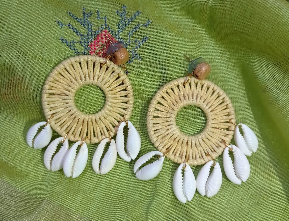 Round Hand Embroidered Shell Earrings