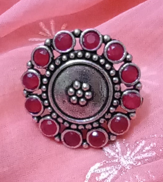 Silver Textured Adjustable Ring - Flower Pattern with Ruby